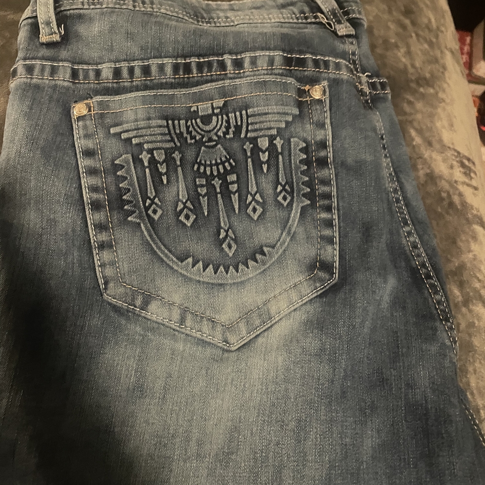 Grace In LA Boot Cut Blue Embroidered Women's Jeans 28 In Inseam Raw Edge Hem.18